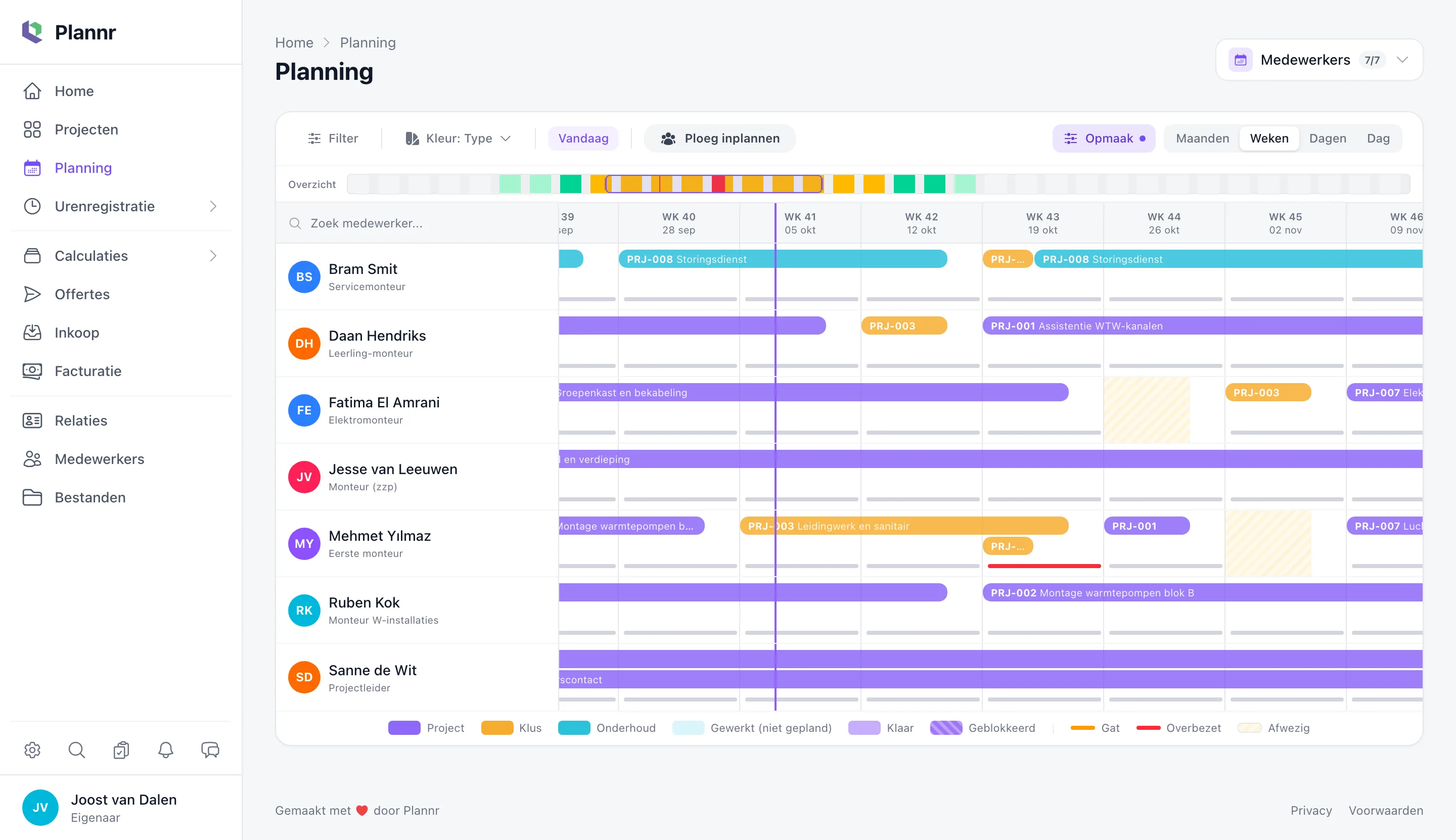 Plannr planning overzicht met timeline, capaciteit en projecttoewijzingen