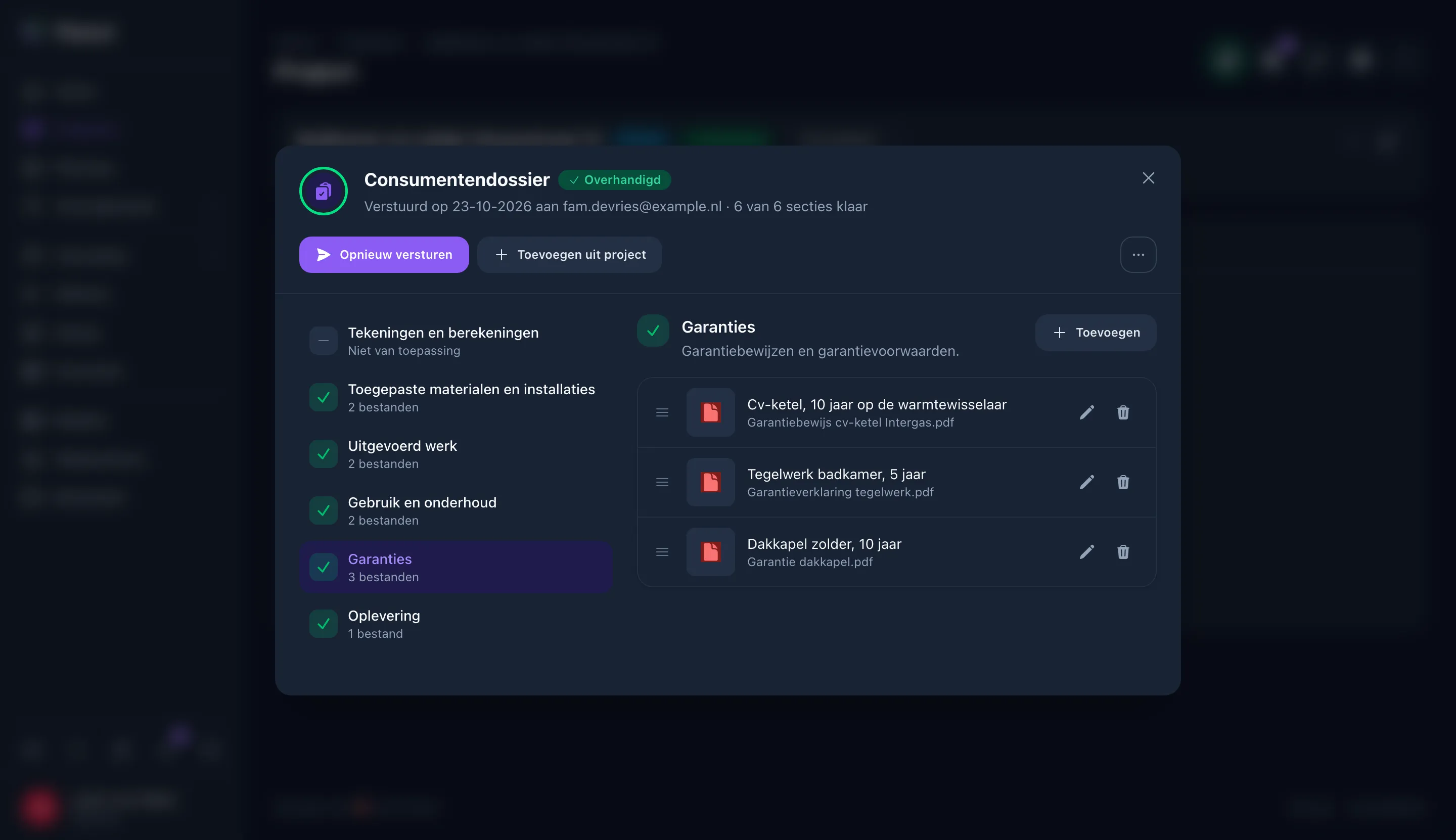 Consumentendossier van een project met zes secties en garantiebewijzen in Plannr