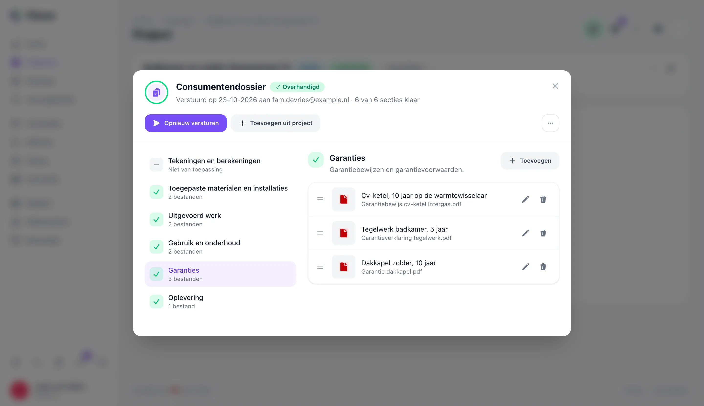 Consumentendossier van een project met zes secties en garantiebewijzen in Plannr
